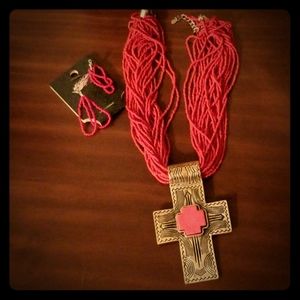 Silver cross and beaded necklace with earrings